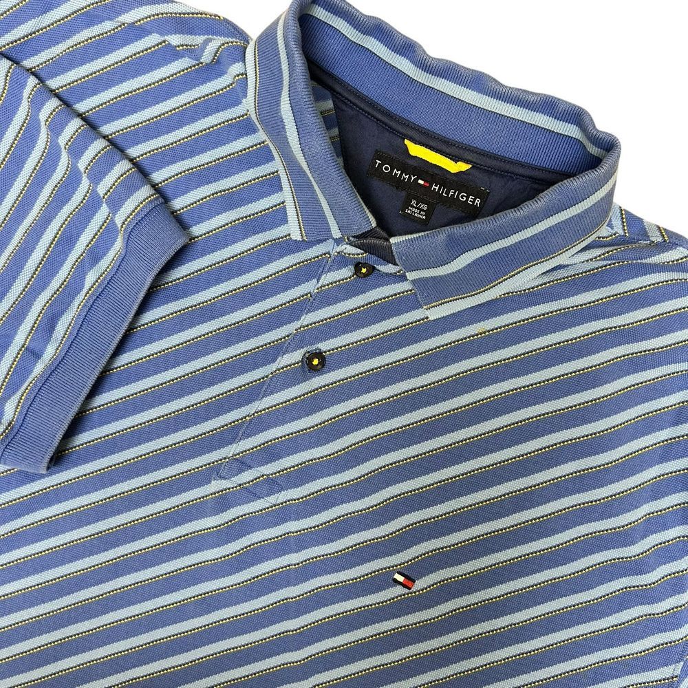 Tommy Hilfiger Shirt‎ Mens XL Polo Golf Blue Yellow Cross Stripe READ
